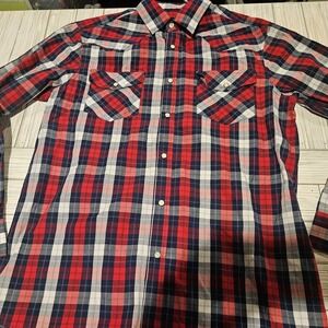 Double Pump Shirt‎ Mens Medium Pearl Snap Buttons Red Plaid Long Sleeve